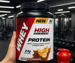 High nutrition Whey Protein (32 servis) şokalad banan aromalı. (Shaker hədiyyə)