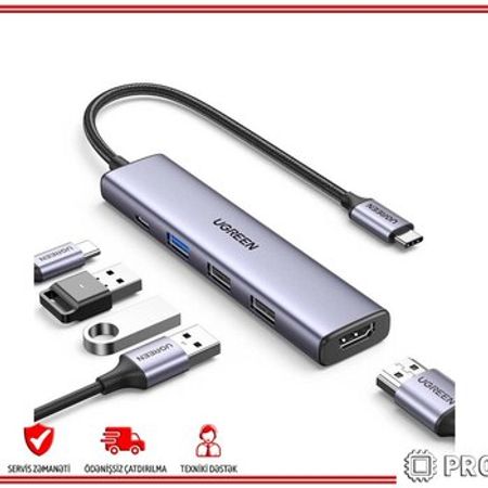 15495 UGREEN USB-C to HDMI HUB Adapter, USB-A 3.0, 2x USBA 2.0, PD 5 in 1 CM478 – Kompüter aksesuarları – ucuztap.az