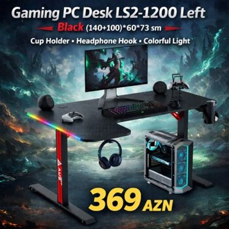 Gaming PC Desk LS2-1200 Left Black (140+100)*60*73 sm, Cup Holder, Headphone Hook, Colorful light