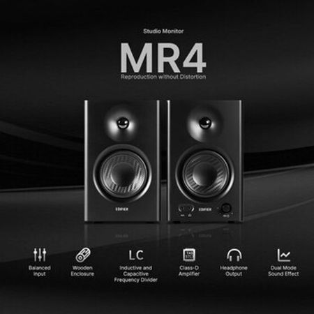 Edifier MR4 Black Powered Studio Monitor Speakers, 42W, TRS Balanced, RCA, AUX ≥ 85dB