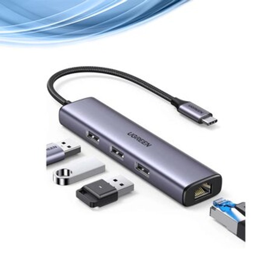 UGREEN 60600 USB C TO 3 Port USB3.0 Hub+RJ45 (1000M) Ethernet Adapter ...