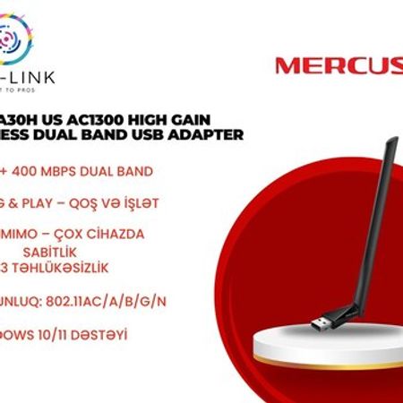 Mercusys MA30H US AC1300 High Gain Wireless Dual Band USB adapteri – Şəbəkə avadanlıqları – ucuztap.az
