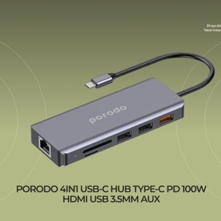 Porodo 4in1 Usb-C HUB Type-C Pd100w Hdmi Usb 3.5mm Aux Lan
