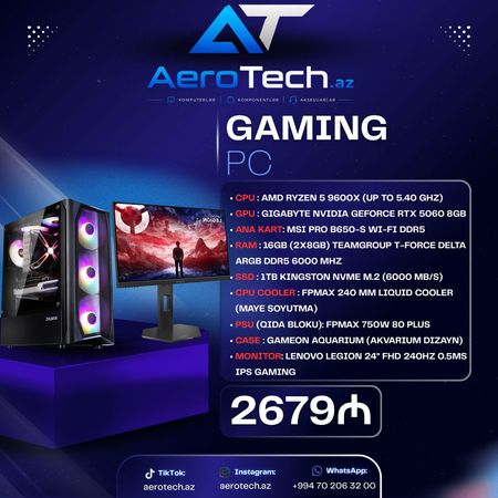 Gaming Pc + Rtx 5060 8gb + Lenovo Legion 240 Hz 0,5 Gaming Monitor – Bakı – ucuztap.az