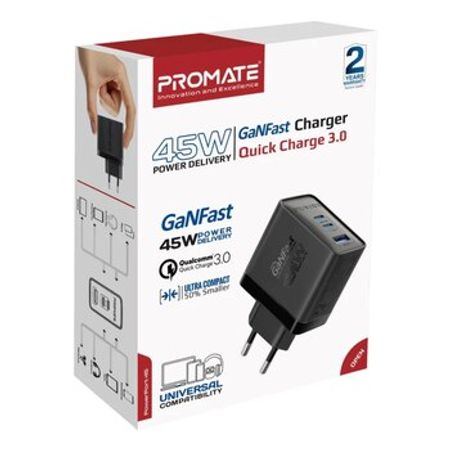 Promate PowerPort-45 45W GaN USB-C USB-A Adapter Black – Kompüter aksesuarları – ucuztap.az