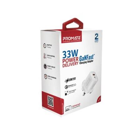 Promate PowerPort-33 33W GaN USB-C USB-A Adapter White – Kompüter aksesuarları – ucuztap.az