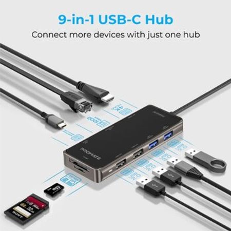 (Çevirici) Promate Compact 9-in-1 Multiport USB-C Hub PrimeHub-Go – Kompüter aksesuarları – ucuztap.az
