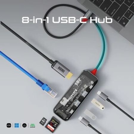 (Çevirici) Promate 8-in-1 Transparent Ultra-Fast Multiport USB-C Hub TransHub-Mini – Kompüter aksesuarları – ucuztap.az