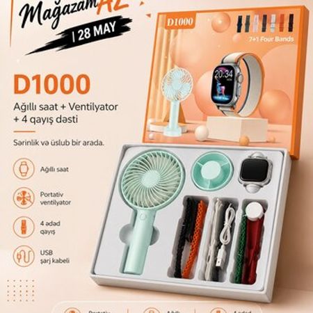 D1000 Smart Watch 7-in-1 – 7 Kəmərli və Mini Fanlı Smart Saat – Saatlar – ucuztap.az