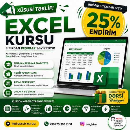 Kompüter kursu Aksiya Microsoft Excel kursu+Microsoft Office – Bakı – ucuztap.az