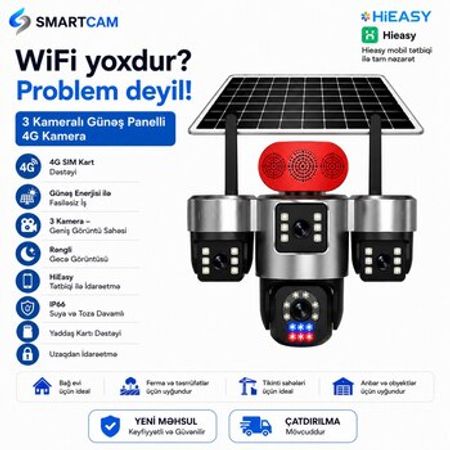 Smartcam Hieasy S13 | 3 Kameralı Günəş Panelli 4G Təhlükəsizlik Kamerası – Təhlükəsizlik avadanlığı – ucuztap.az