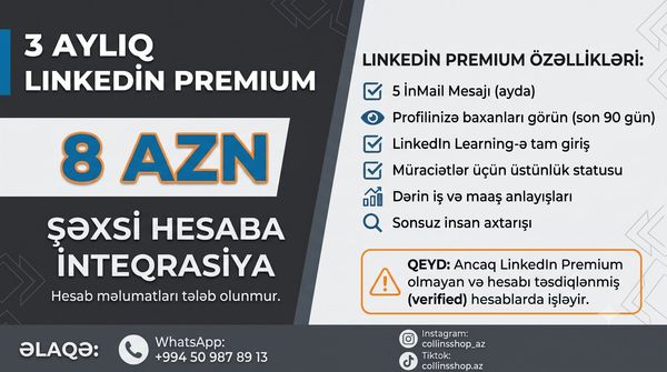 3 Aylıq LinkedIn Premium – Cəmi | Şəxsi Hesaba İnteqrasiya – Bakı – ucuztap.az