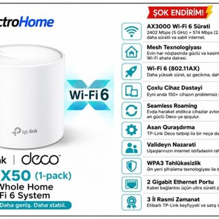 TP-Link Deco X50 (1-Pack) – AX3000 Whole Home Mesh Wi-Fi 6 System – Şəbəkə avadanlıqları – ucuztap.az