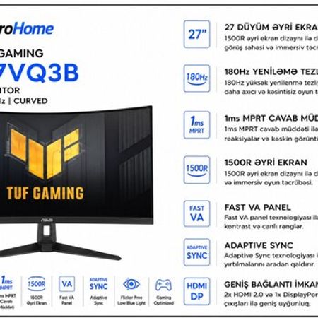Monitor ASUS TUF Gaming VG27VQ3B – Masaüstü kompüterlər – ucuztap.az