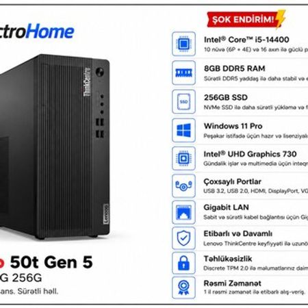 Lenovo ThinkCentre neo 50t Gen 5 (i5-14400 / 8GB / 256GB SSD) – Kompüter aksesuarları – ucuztap.az