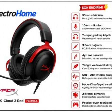 HyperX Cloud III Red (727A9AA) – Audio və video – ucuztap.az