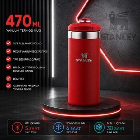 Stanley Paslanmaz Polad Termos Mug – Sızdırmaz, Vakuum İzolyasiyalı 470 ML TÜND QIRMIZI RƏNG – Bakı – ucuztap.az