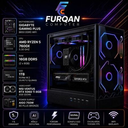 Gaming PC | Ryzen 5 7600X 5.30 GHZ | RTX 5060 Ti 8GB | SSD 1TB NVMe M.2 | RAM 16GB DDR5 | – Masaüstü kompü… – ucuztap.az