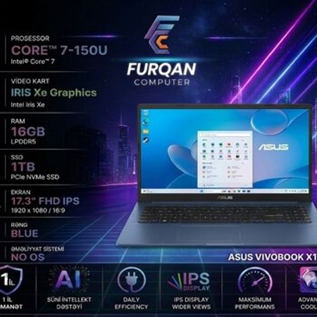 ASUS VIVOBOOK X1704V Intel® Core™ 7 150U Intel® Iris Xe Graphics 16GB RAM 1TB SSD 17.3 – Noutbuklar və Net… – ucuztap.az