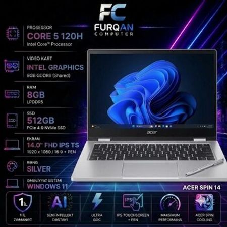Acer Spin 14 | Intel® Core™ 5 120H | Intel Graphics | 8GB RAM | 512GB SSD | 14.0 FHD IPS Touch + – Noutbuk… – ucuztap.az