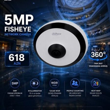 Dahua 5MP 360° Fisheye IP Kamera – AI Nəzarət, İnsan Sayma, Heat Map – Təhlükəsizlik avadanlığı – ucuztap.az