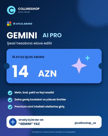 Gemini AI Pro 18 Aylıq Abunəlik – Google Süni İntellekt (Zəmanətli) – Bakı – ucuztap.az