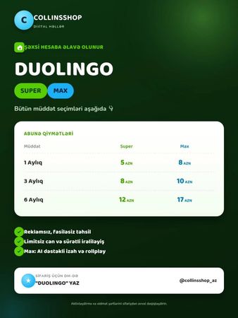 Duolingo Super & Max Abunəliyi | Şəxsi Hesaba Rəsmi Aktivləşmə () – Bakı – ucuztap.az